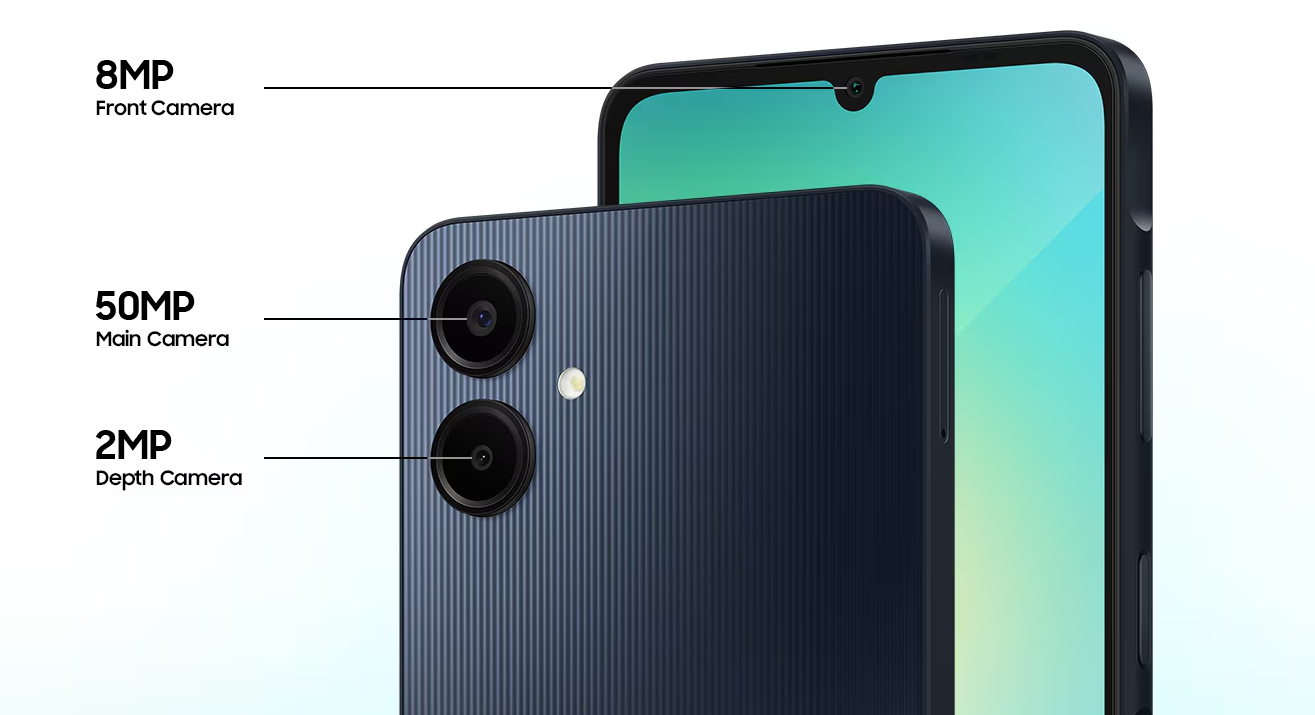 Samsung A06 : Détail du triple appareil photo arrière (50MP principal, 2MP profondeur, 8MP frontal)