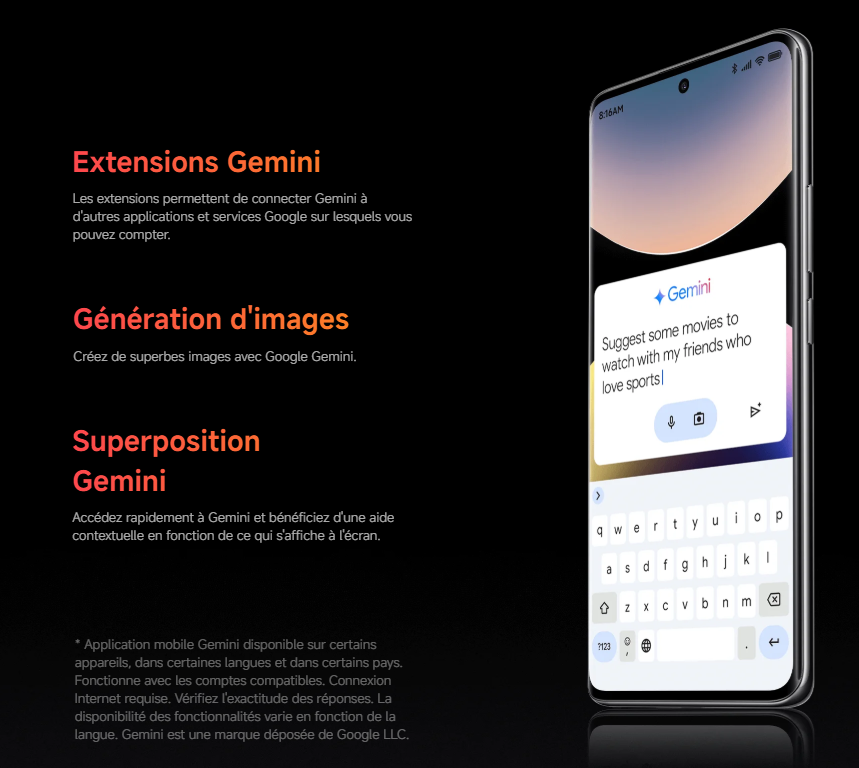 L'interface utilisateur de Gemini, montrant les différentes fonctionnalités disponibles ave le pro+ 5g