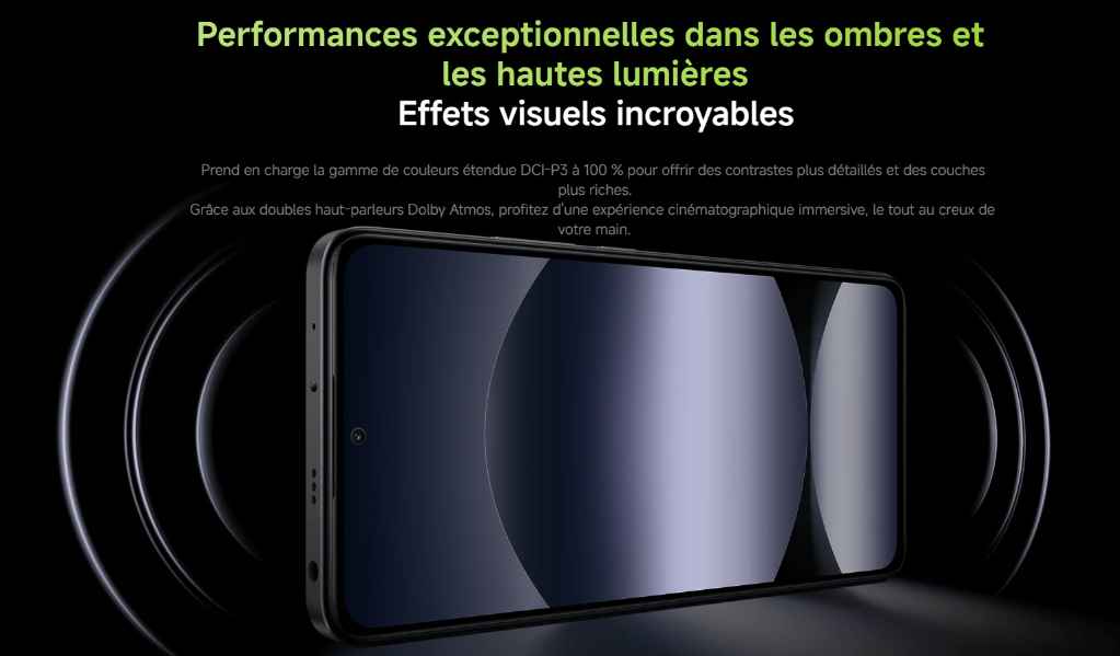 Image du Xiaomi Redmi Note 14 mettant en évidence son écran et ses doubles haut-parleurs Dolby Atmos, avec le texte "Performances exceptionnelles dans les ombres et les hautes lumières" et "Effets visuels incroyables".