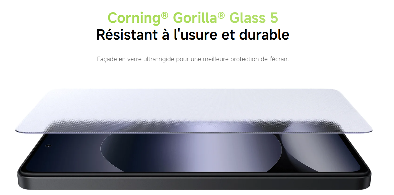 Gros plan sur l'écran du Xiaomi Redmi Note 14, protégé par Corning® Gorilla® Glass 5, avec le texte "Résistant à l'usure et durable" et "Façade en verre ultra-rigide pour une meilleure protection de l'écran