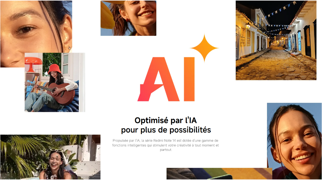 Image promotionnelle du Redmi Note 14 mettant en avant son intelligence artificielle et ses fonctionnalités intelligentes pour stimuler la créativité.